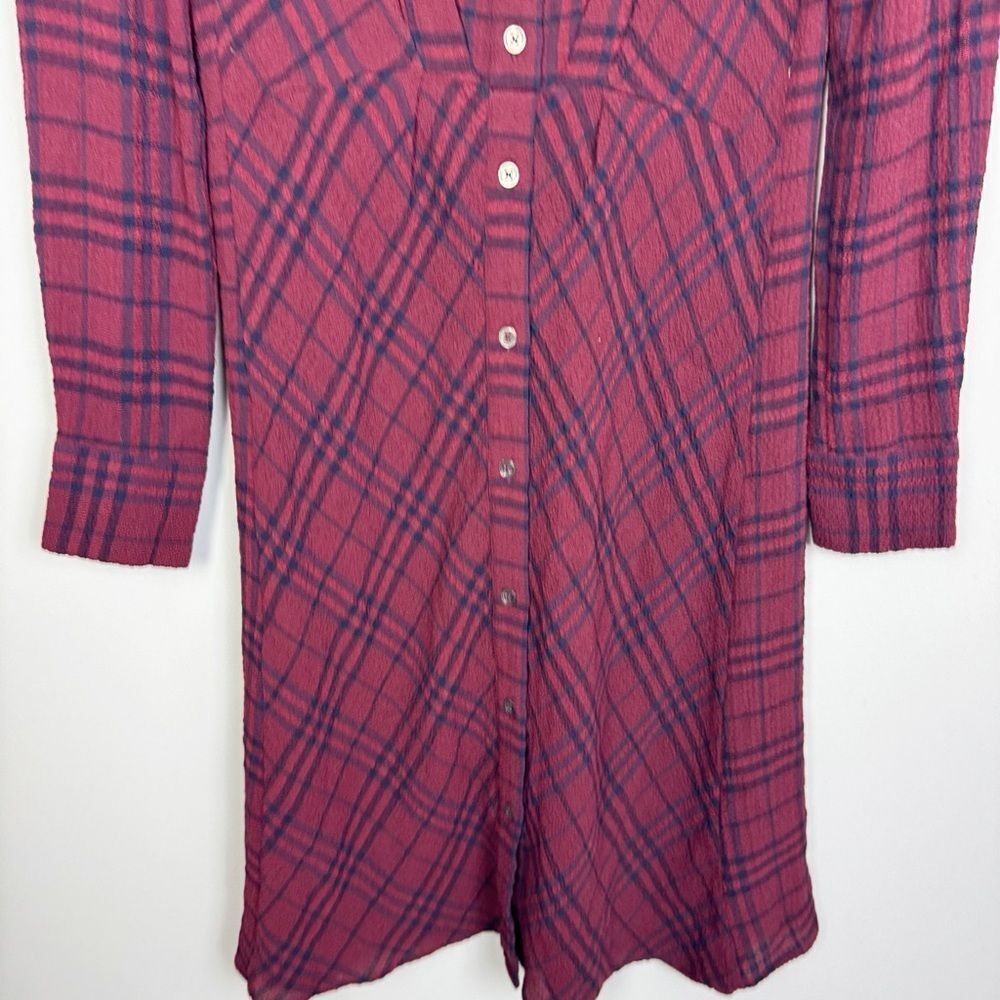 THAKOON COLLECTIVE | Plaid Burgundy & Navy Blue Crepe Shirt Dress Women’s Size 0 - Picture 9 of 14